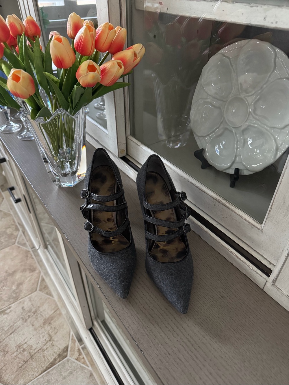Sam Edelman Women’s Pointed Triple-Strap Pumps in Charcoal Gray